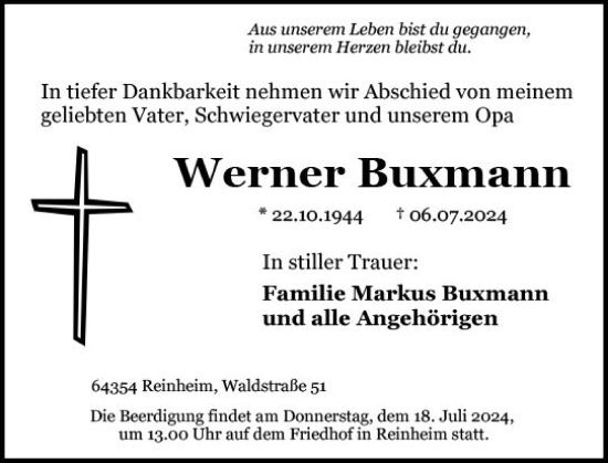 Traueranzeige von Werner Buxmann von Darmstädter Echo