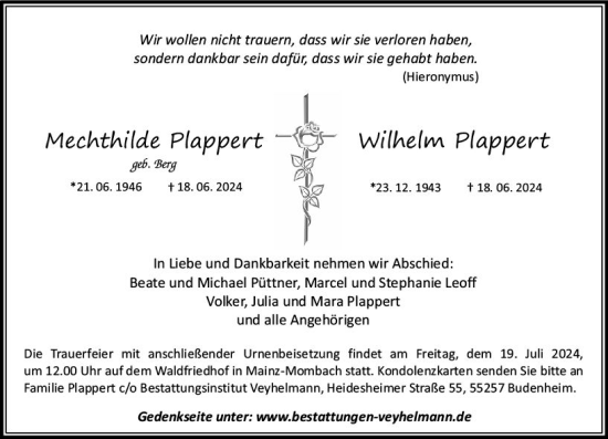 Traueranzeige von Wilhelm Plappert von Allgemeine Zeitung Mainz