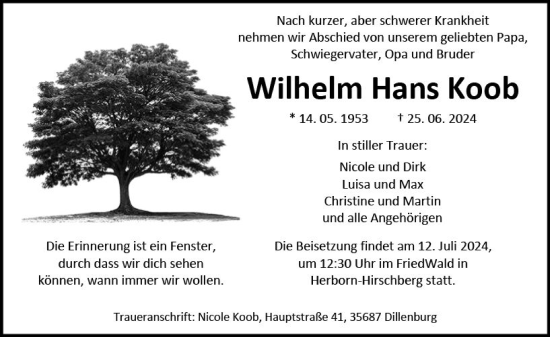 Traueranzeige von Wilhelm Hans Koob von Dill Block