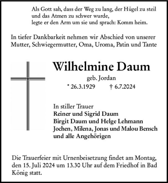 Traueranzeige von Wilhelmine Daum von Odenwälder Echo