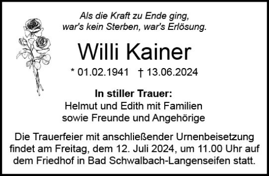 Traueranzeige von Willi Kainer von Idsteiner Land/Untertaunus
