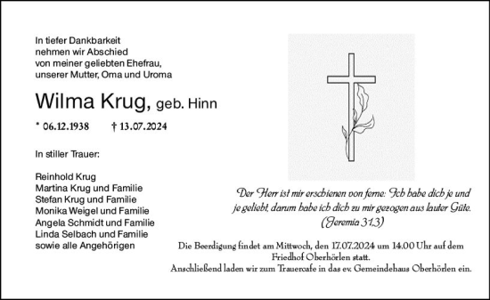 Traueranzeige von Wilma Krug von Hinterländer Anzeiger