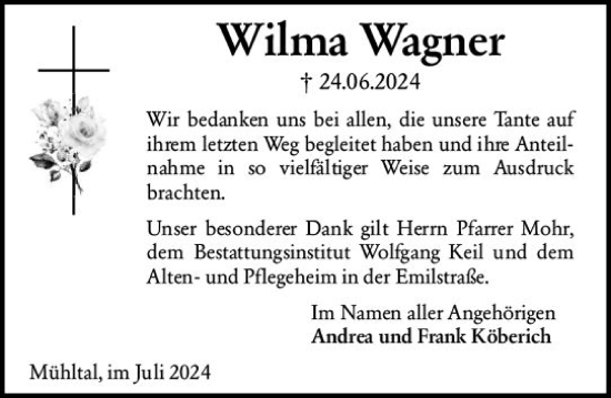 Traueranzeige von Wilma Wagner von Darmstädter Echo