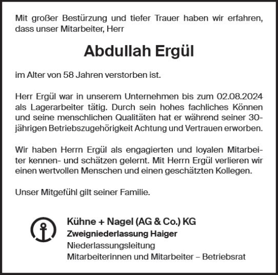 Traueranzeige von Abdullah Ergül von Dill Block