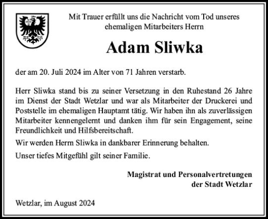 Traueranzeige von Adam Sliwka von Wetzlarer Neue Zeitung
