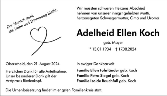 Traueranzeige von Adelheid Ellen Koch von Dill Block