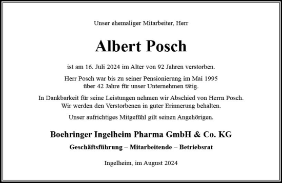 Traueranzeige von Albert Posch von Allgemeine Zeitung Rheinhessen-Nahe