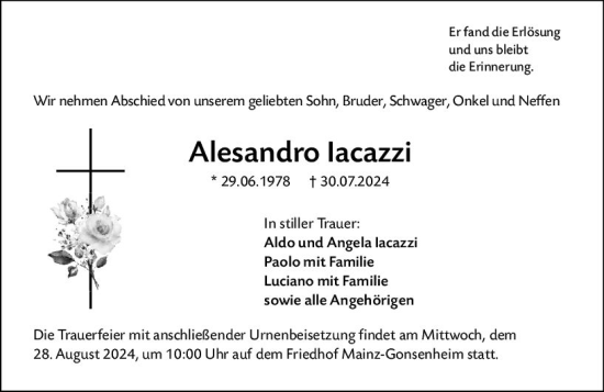 Traueranzeige von Alesandro Iacazzi von Allgemeine Zeitung Mainz