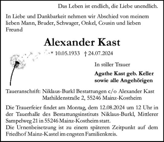 Traueranzeige von Alexander Kast von Allgemeine Zeitung Mainz
