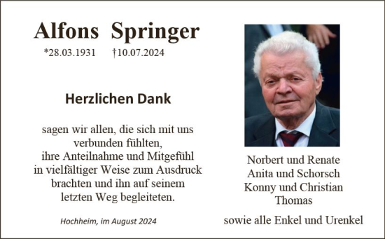 Traueranzeige von Alfons Springer von Hochheimer Zeitung