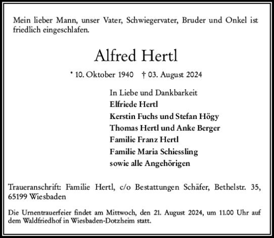 Traueranzeige von Alfred Herd von Wiesbadener Kurier