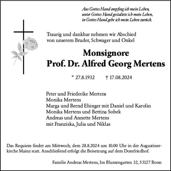 Traueranzeige von Alfred Georg Mertens von Allgemeine Zeitung Mainz