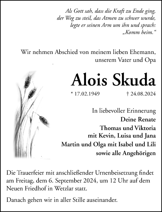 Traueranzeige von Alois Skuda von Wetzlarer Neue Zeitung