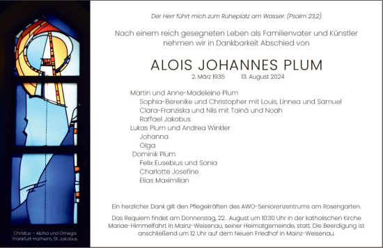 Traueranzeige von Alois Johannes Plum von Allgemeine Zeitung Mainz