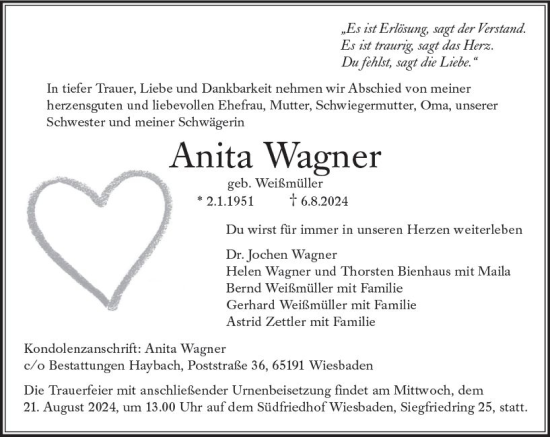 Traueranzeige von Anita Wagner von Wiesbadener Kurier