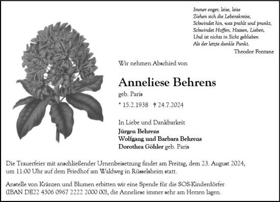 Traueranzeige von Anneliese Behrens von Rüsselsheimer Echo
