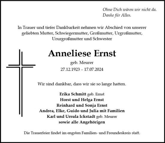 Traueranzeige von Anneliese Ernst von Wiesbadener Kurier