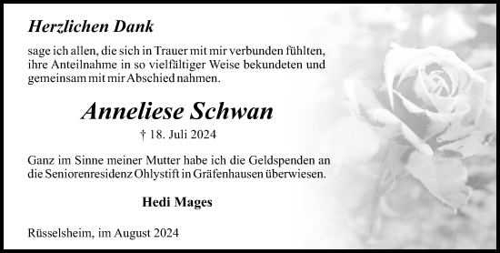 Traueranzeige von Anneliese Schwan von Rüsselsheimer Echo