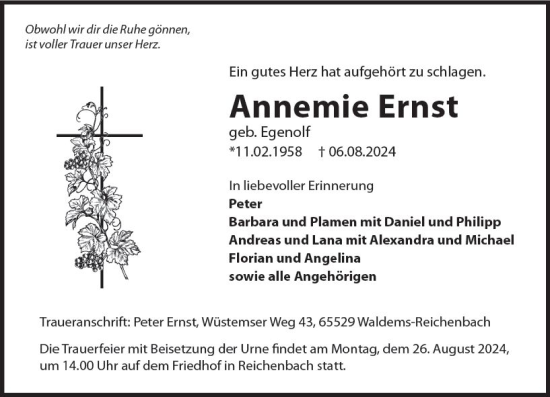 Traueranzeige von Annemie Ernst von Camberger Anzeiger