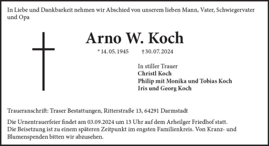 Traueranzeige von Arno  Koch von Darmstädter Echo