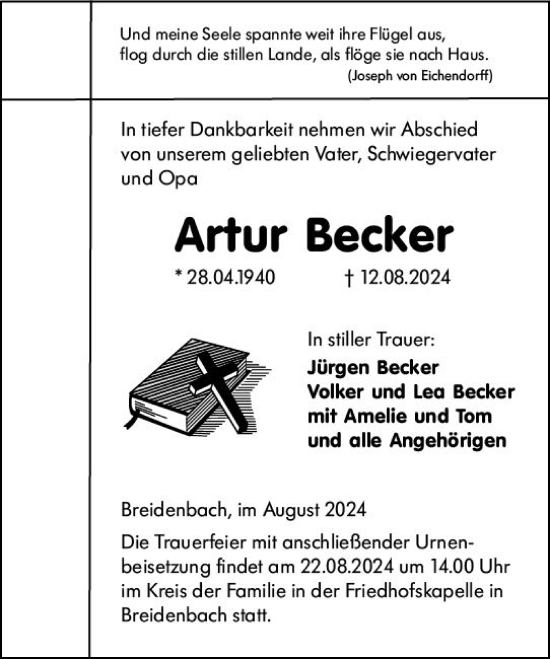 Traueranzeige von Artur Becker von Hinterländer Anzeiger