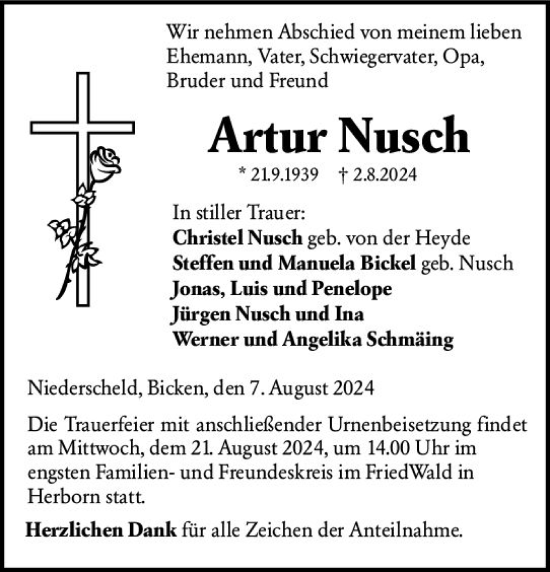 Traueranzeige von Artur Nusch von Dill Block