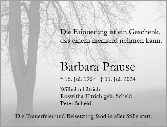 Traueranzeige von Barbara Prause von Wiesbadener Kurier
