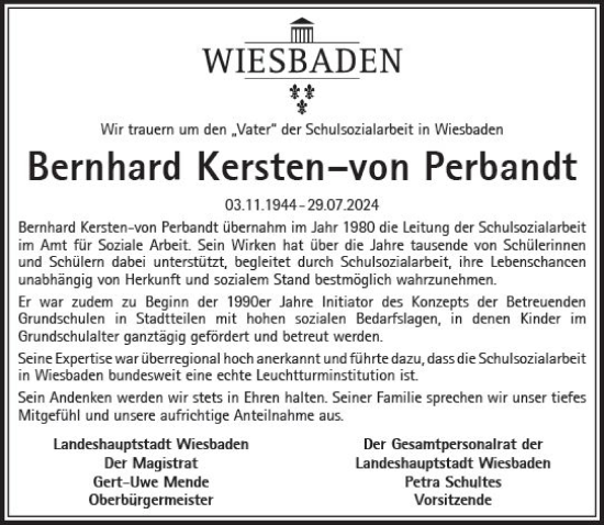 Traueranzeige von Bernhard Kersten-von Perbandt von Wiesbadener Kurier