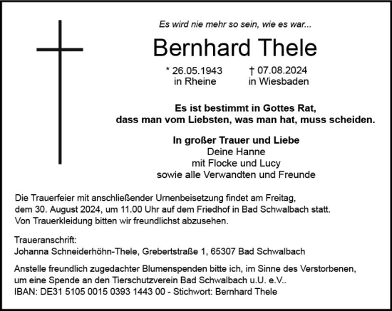 Traueranzeige von Bernhard Thele von Wiesbadener Kurier