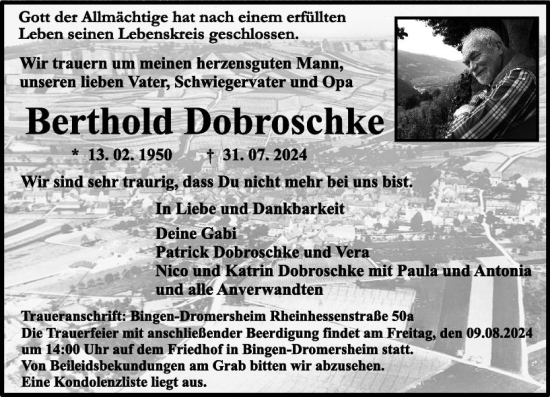 Traueranzeige von Berthold Dobroschke von Binger-/Ingelheimer Wochenblatt