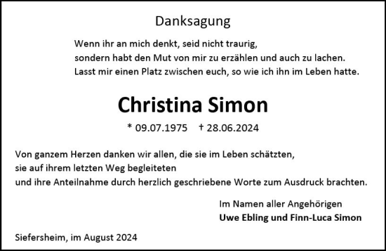 Traueranzeige von Christina Simon von Allgemeine Zeitung Alzey