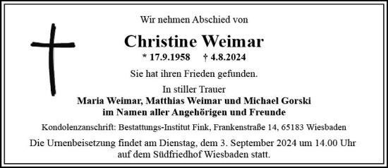 Traueranzeige von Christine Weimar von Wiesbadener Kurier