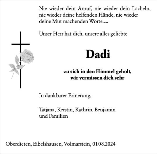 Traueranzeige von Dadi  von Hinterländer Anzeiger