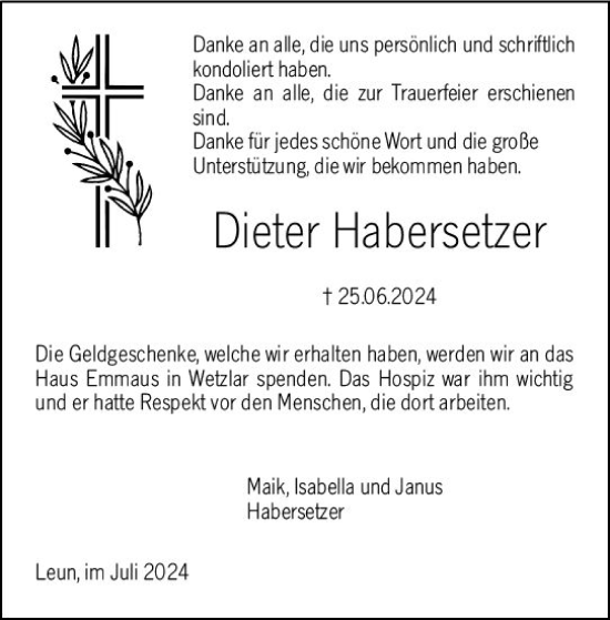 Traueranzeige von Dieter Habersetzer von Wetzlarer Neue Zeitung