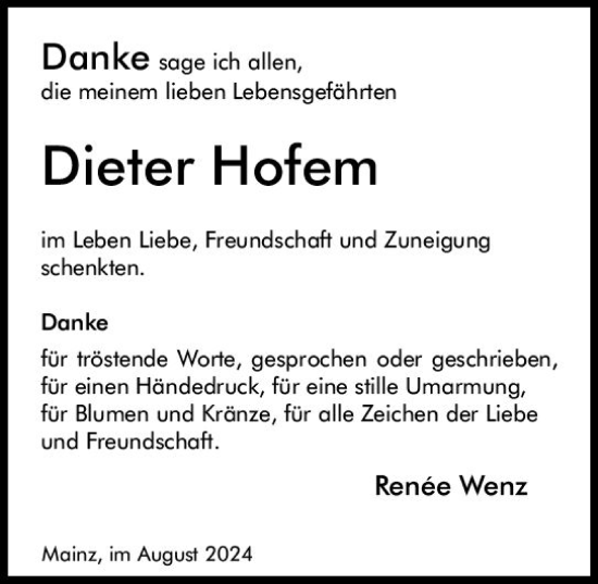Traueranzeige von Dieter Hofem von Allgemeine Zeitung Mainz