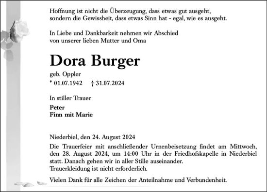 Traueranzeige von Dora Burger von Wetzlarer Neue Zeitung