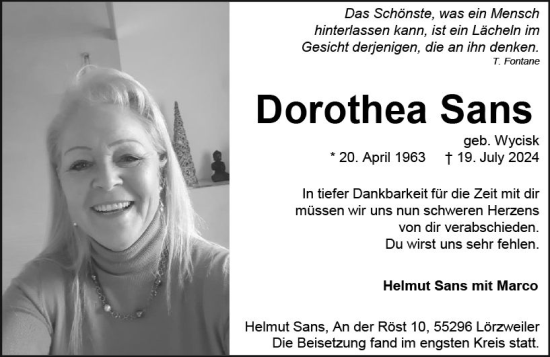 Traueranzeige von Dorothea Sans von Allgemeine Zeitung Rheinhessen-Nahe