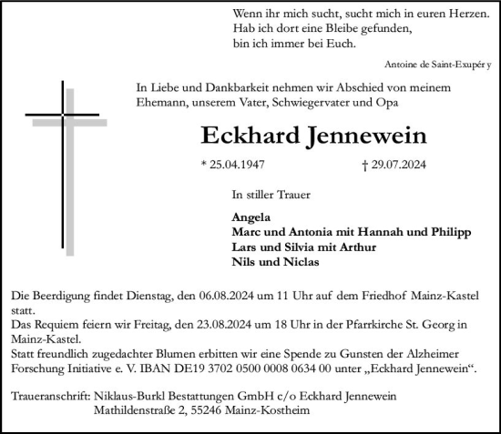 Traueranzeige von Eckhard Jennewein von Allgemeine Zeitung Mainz