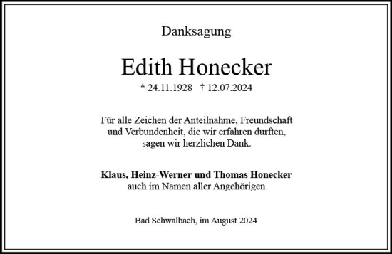 Traueranzeige von Edith Honecker von Wiesbadener Kurier