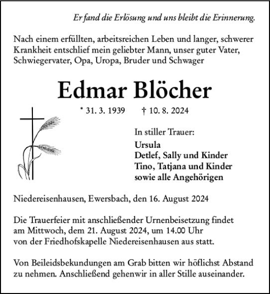 Traueranzeige von Edmar Blöcher von Hinterländer Anzeiger