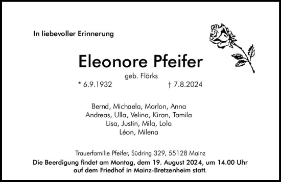 Traueranzeige von Eleonore Pfeifer von Allgemeine Zeitung Mainz