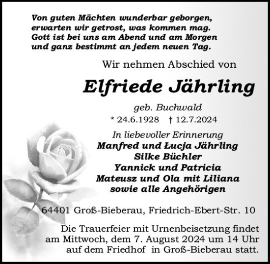 Traueranzeige von Elfriede Jährling von Darmstädter Echo