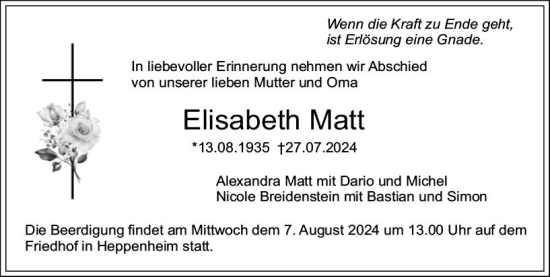 Traueranzeige von Elisabeth Matt von Starkenburger Echo