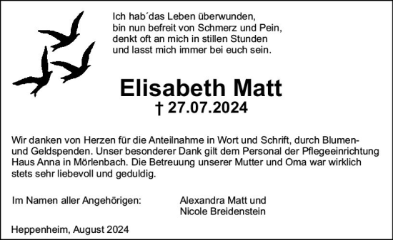 Traueranzeige von Elisabeth Matt von Starkenburger Echo