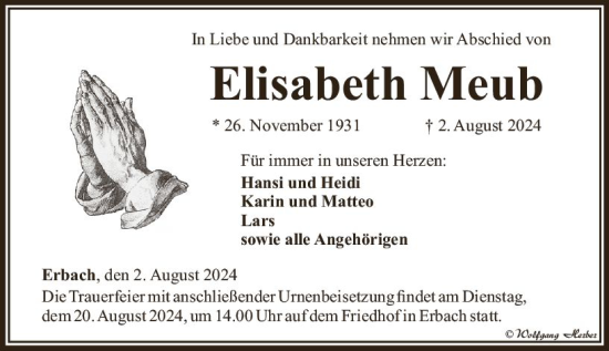 Traueranzeige von Elisabeth Meub von Camberger Anzeiger
