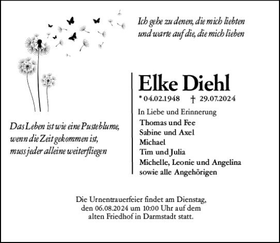 Traueranzeige von Elke Diehl von Darmstädter Echo