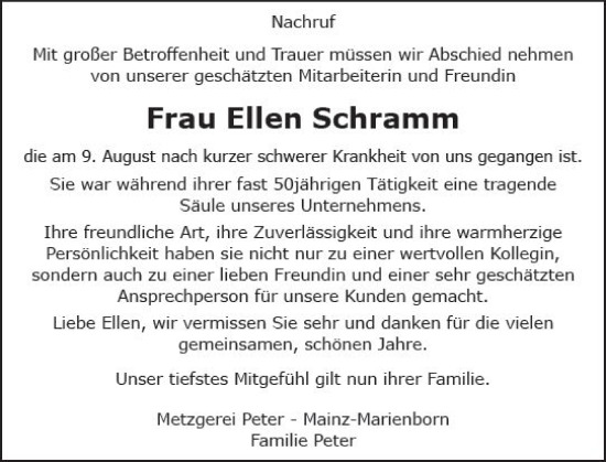 Traueranzeige von Ellen Schramm von Allgemeine Zeitung Mainz