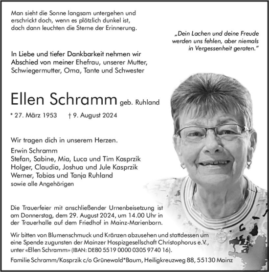 Traueranzeige von Ellen Schramm von Allgemeine Zeitung Mainz