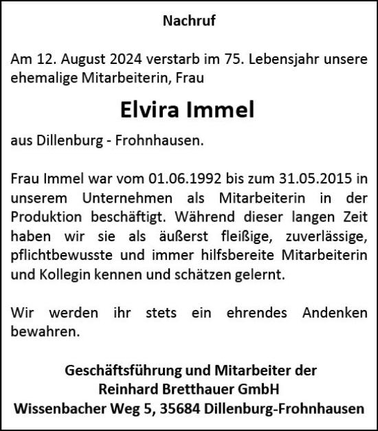 Traueranzeige von Elvira Immel von Dill Block