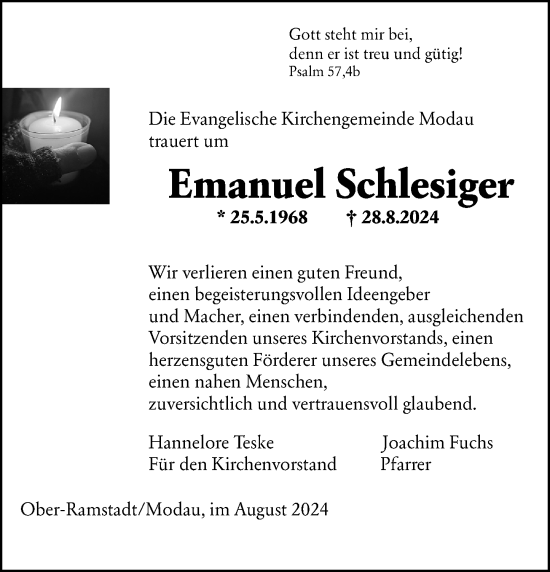 Traueranzeige von Emanuel Schlesiger von Darmstädter Echo